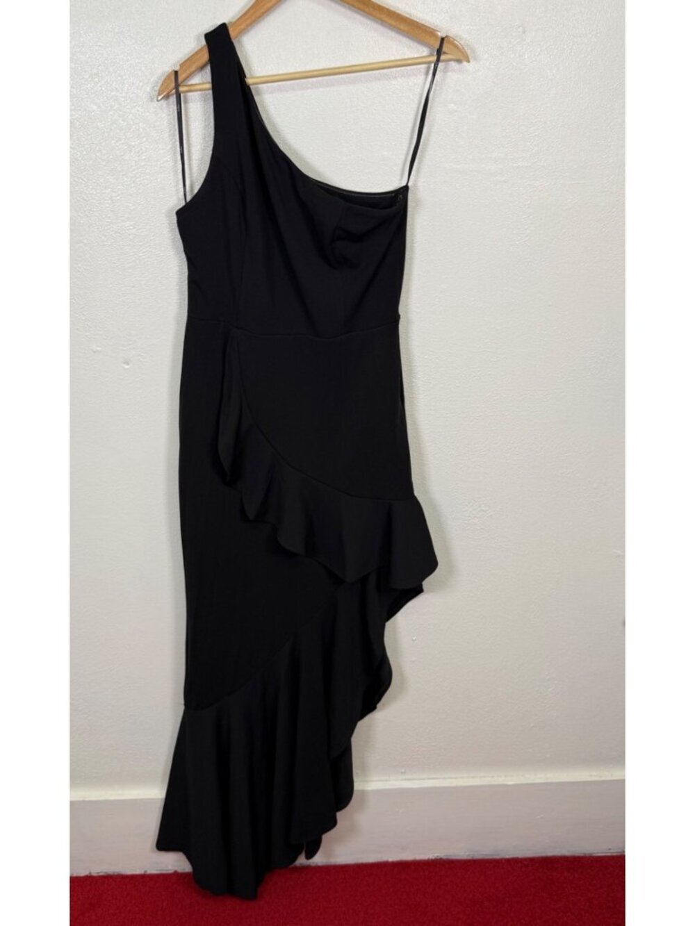 Lulus One-Shoulder Black Ruffle Midi Dress Asymmetrical Hem Formal Cocktail L